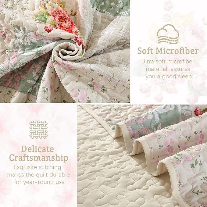 Mybedsoul Boho Quilt King Size, Patchwork Floral Bedding Set, Beige | Soft Lightweight Microfiber Floral Coverlet Set, 3 Pieces Plaid Reversible Bedspread, Bed Sets for All Seasons 90"x110"