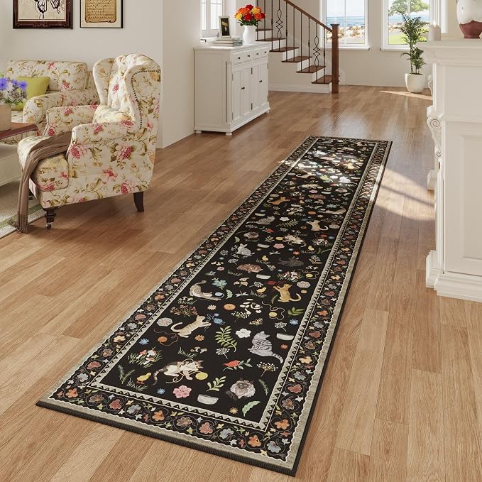 Rugcomf 2'7"x12' Kitchen Runner - Floral Cat Washable Long Hallway Runner Rug Non Slip, Boho Carpet for Entryway, Hall, Bathroom - Black