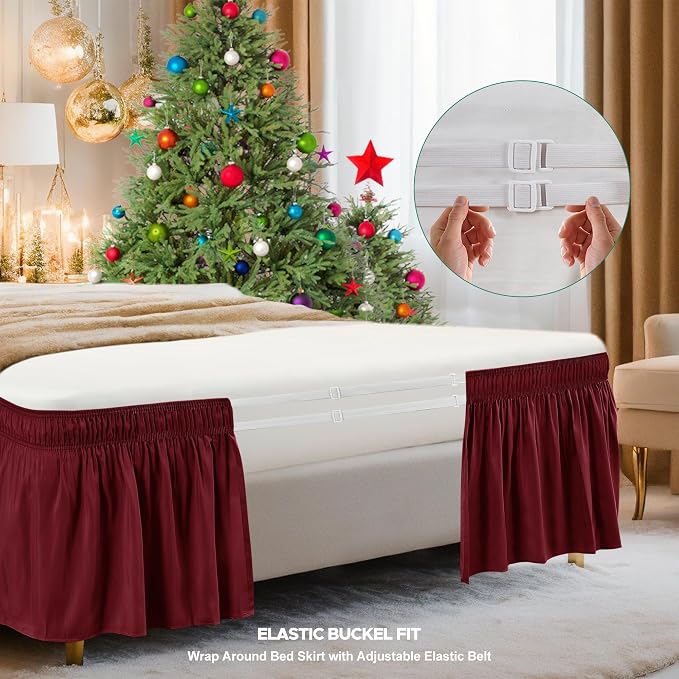 Wrap Around Queen Size Bed Skirt 19 Inch Drop-Elastic Dust Ruffle Burgundy | Adjustable Pleated Bedskirt-Easy Fit Wrinkle Resistant Washable Hotel Quality Fabric Bed Skirting-Master Guest Bedroom Rental