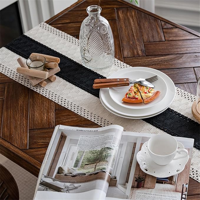 Macrame Table Runner Beige and Black Boho Table Runners with Tassels 12x36 | Alynsehom Hand Woven Cotton Table Runner Rustic Farmhouse Table Runners for Bohemian Kitchen Dining Table