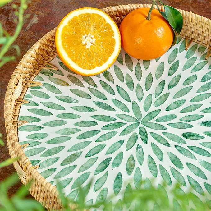 JUNGLE CULTURE Round Rattan Tray with Mother of Pearl Inlay • Everglade 14"