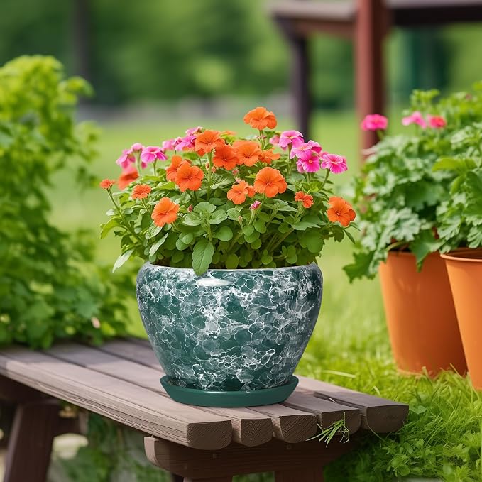 Ceramic Planter, 10 Inch Pots for Plants Indoor, Bubble Green | Decorative Modern Flower Pots with Drainage Hole and Saucer, Round Large Plant Pot, House Decor, Gifts for Gardeners