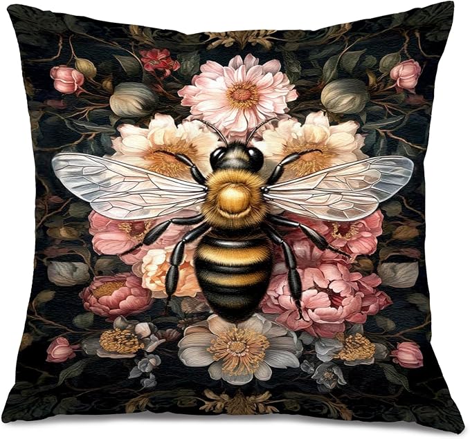 Vintage Moody Floral Honeybee Pillow Covers 18x18, Bee Lover Gifts, Dark Cottagecore Room Decor, Moody Dark Academia Wildflower Botanical Bee Decorative Throw Pillow Covers for Home Room