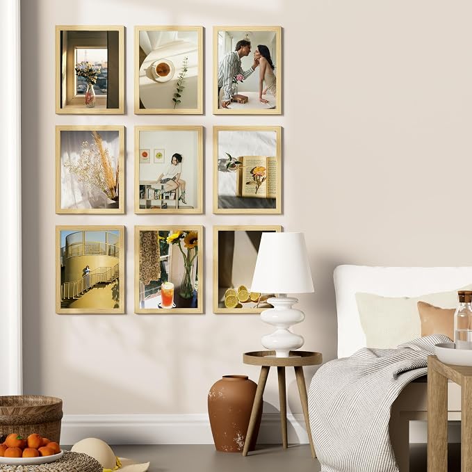 Vittanly 9x12 Picture Frames Set of 9 for Wall or Tabletop Display, OAK | Display Pictures 6x8 with Mat or 9x12 without Mat, Engineered Wood with Shatter Resistant Plexiglass, Gallery Photo Frames