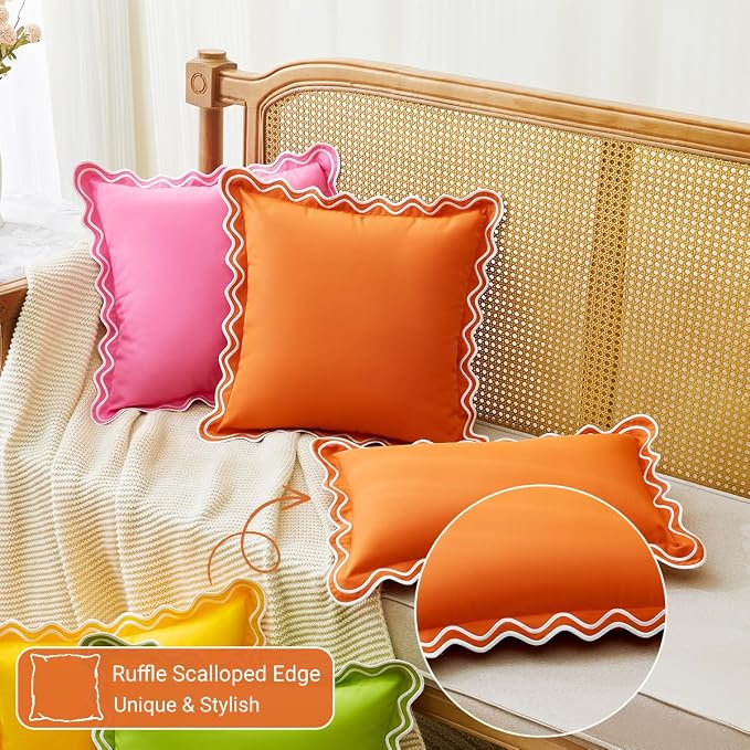 Autumn Burnt Orange Scalloped Outdoor Throw Pillow Covers 18x18 Set of 2