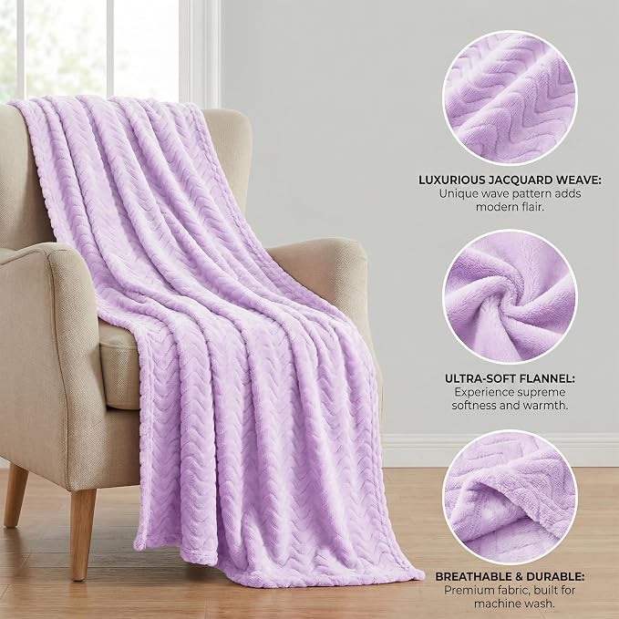 Exclusivo Mezcla Large Fleece Throw Blanket for Couch, Sofa, Lilac Purple | 50"x70" Soft Breathable Lightweight Flannel Throws for Summer, Plush Cozy Jacquard Wave Blanket for Home Decor
