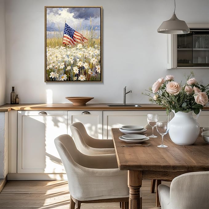 American Flag Framed Canvas Wall Art, 4th of July Patriotic Canvas Prints | Wildflower Landscape Poster Print, Vintage Rustic Independence Day Wall Decor for Bedroom Living Room Office 6×8in