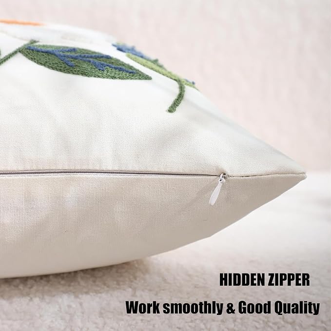 Embroidered Throw Pillow Covers 18x18 Pack of 2 Green Leaves Daisy Pillow Covers Floral Pillowcases Farmhouse Pillow Cushion Cases Square Flower Boho Pillow Case Summer Decor