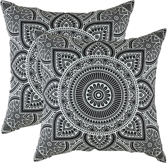 TreeWool Mandala Accent Throw Pillow Covers 18x18 Set of 2 (Black) | Decorative Throw Pillowcases for Sofa & Couch; 100% Cotton Accent Covers Ideal for Spring & Summer Stylish Home Decor