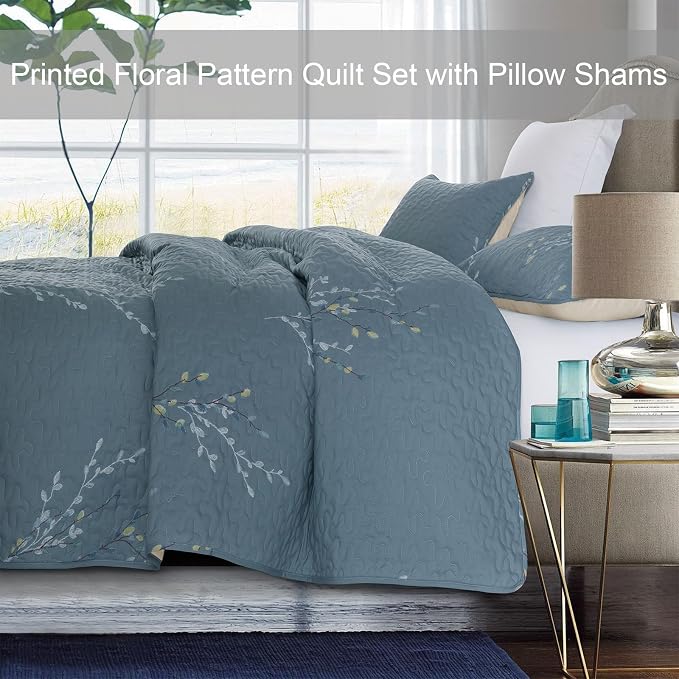Exclusivo Mezcla Reversible Boho California King Quilt, Blue | Lightweight Soft Bedspreads, All Season Flowers Coverlet Bedding Set, Printed Floral Pattern, 1 Quilt and 2 Pillow Shams