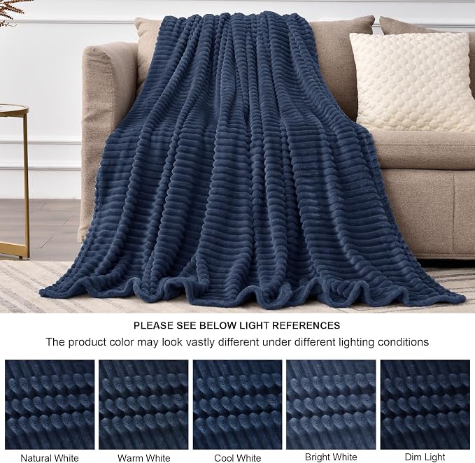BEDELITE 3D Ribbed Navy Blue Fleece Throw Blanket for Couch, 50x60 Inch | Soft Warm Decorative Fluffy Blanket, Cozy Plush Lightweight Fuzzy Throw Blanket for Bed Sofa Home Room Decor, Gift for Women