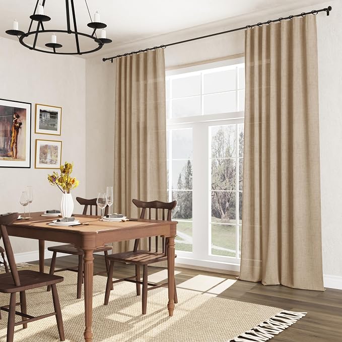 Sand Beige Linen Curtains 120 Inches Long Rod Pocket Semi Sheer Dining Room Cozy Bedroom Decor Cotton Look Country Rustic Farmhouse Boho Curtains 2 Panel Set,52x120