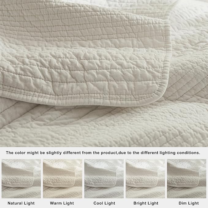 palassio Striped Beige 100% Cotton Quilt Twin Size Bedding Sets, Lightweight Crinkly Channel Pick Stitch Textured Bedspread Soft Shabby Chic Farmhouse Country Coverlet for All Season, 1 Sham