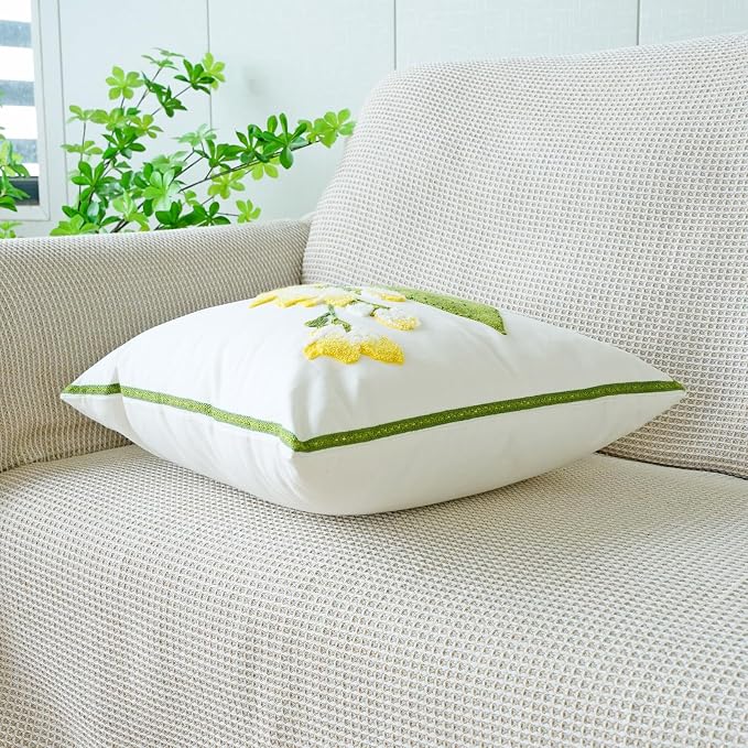 vctops Farmhouse Hibiscus Flowers Cotton Tufted Throw Pillow Cover Spring Floral Embroidery Pillowcase Soft Square Cushion Case for Sofa Couch Bed Chair (Yellow F,18"x18")