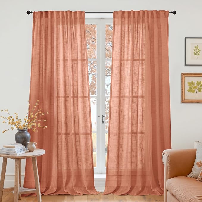 Burnt Orange Linen Semi Sheer Curtains 84 Inches Long for Living Room | Light Filtering Drapes with Rod Pocket Back Tab Rustic Fall Decor for Dining Bedroom Windows, 2 Panels, 52 X 84 Inch