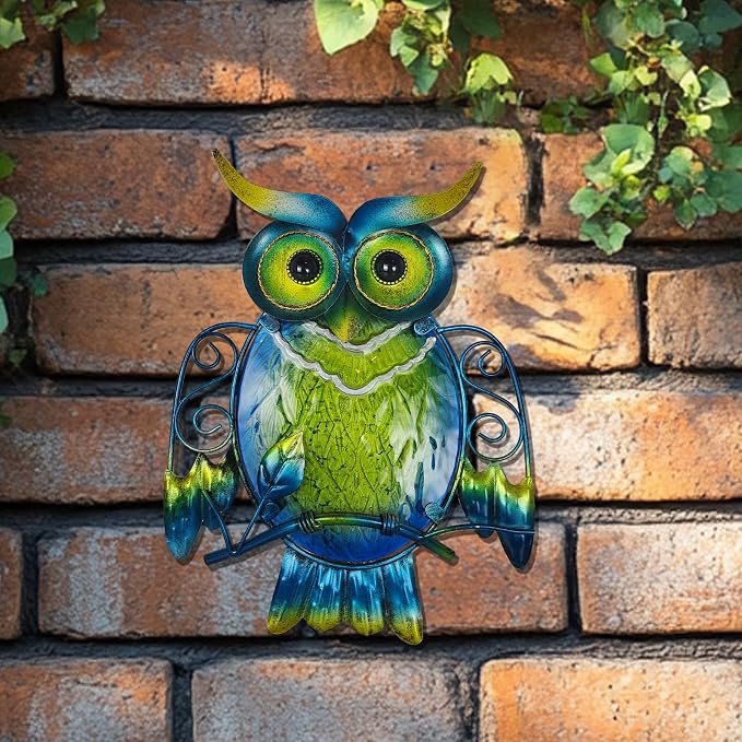 LIFFY Cute Metal Owl Wall Decor - Unique Outdoor Wall Art Decoration - Glass Hanging Wall Owl Decor Brighten Up Patio, Porch or Door, Garden Decoration, Birthday Gift Ideas