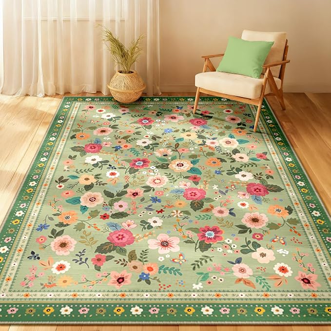 Washable Floral Area Rug for Living Room 4x6 Light Green | Non-Slip，Vacuum-Friendly, Low Pile, Flower Carpet for Bedroom Kitchen Entryway Dining Room Office Nursery