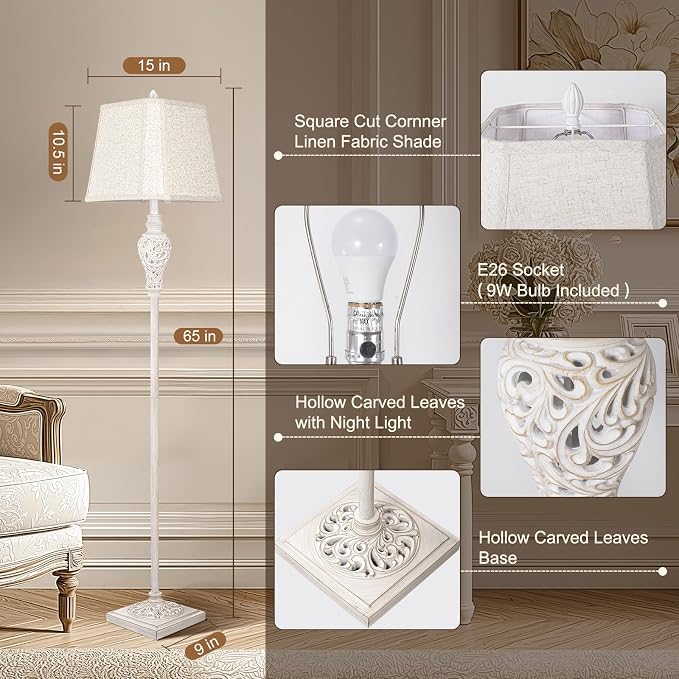 LuxSight Collection Floor Lamp with Nightlight, 65" Tall, Washed White