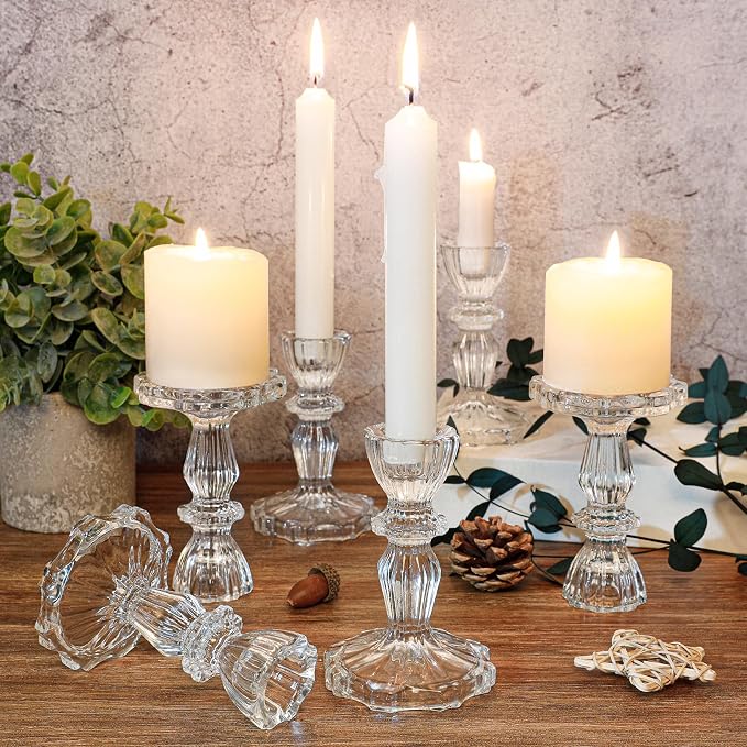 4.33" Tall Glass Candlestick Set of 6 Clear Crystal Candle Holders