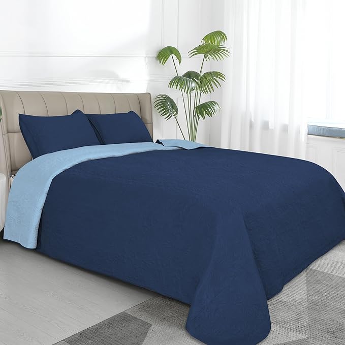 Easy-Going Reversible Quilt Set Twin, Bedspread with 1 Shams | Damask-Dark Blue/Light Blue, Lightweight Microfiber Bed Comforter, 1 Quilt + 1 Pillow Shams, All-Season Coverlets