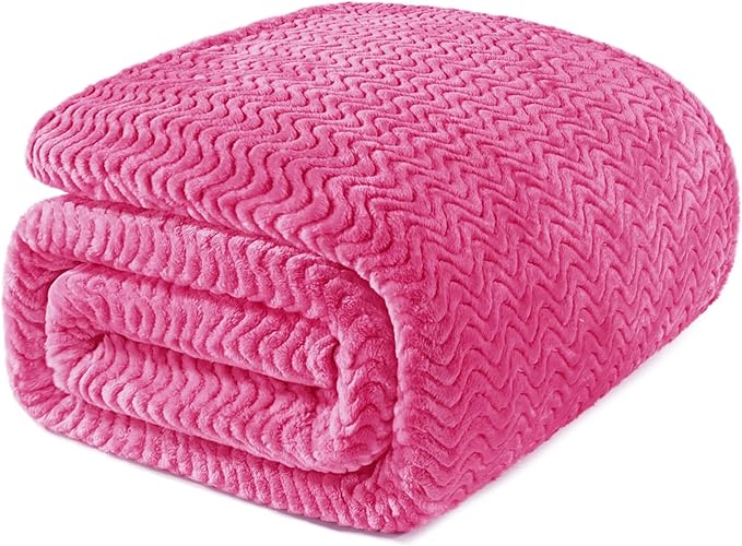 Exclusivo Mezcla Soft Fleece Blanket King Size for Bed, Sofa, Hot Pink | 90"x104" Breathable Lightweight Flannel Blanket for Summer, Plush Cozy Jacquard Wave for Home Decor