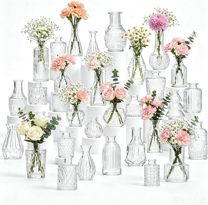 32 Pcs Clear Glass Bud Vases in Bulk, Small Vintage Bud Vase Set for Flowers, Mini Glass Vases for Wedding Centerpieces, Baby Shower, Table Decorations, Event Decor, 3.1"-5.1"