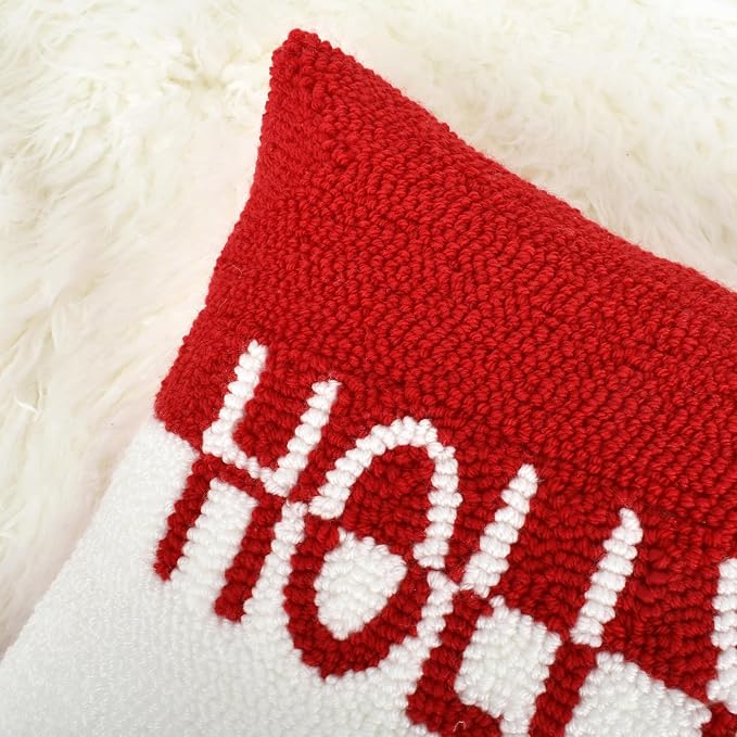 Holly Jolly Christmas Pillow Covers, 12x20, Hooked Wool Embroidered Throw Pillows for Home, Red & White