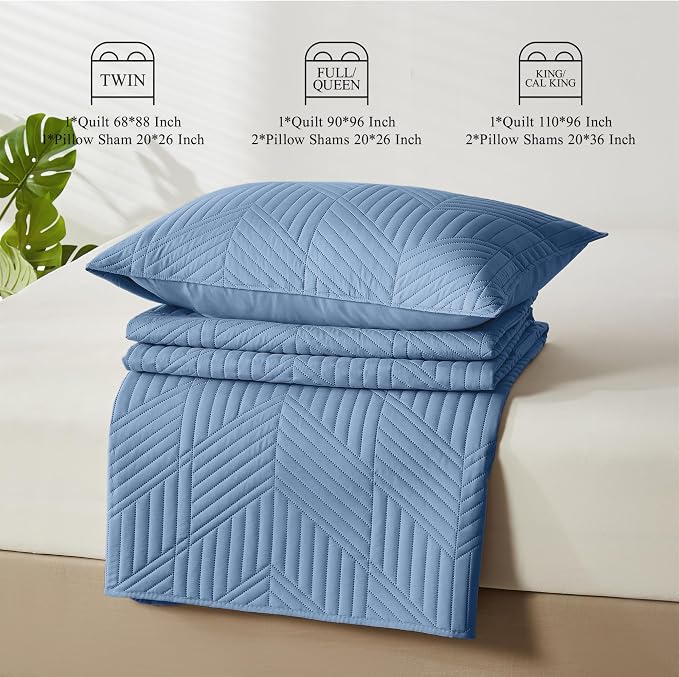 Davulos Queen Quilt Bedding Set,Bluish Grey Ultrasonic Full/Queen Quilt Set Reversible Microfiber Bedspread,Lightweight Soft Modern Geometric Coverlet Set for All Seasons(1 Quilt,2 Pillow Shams)