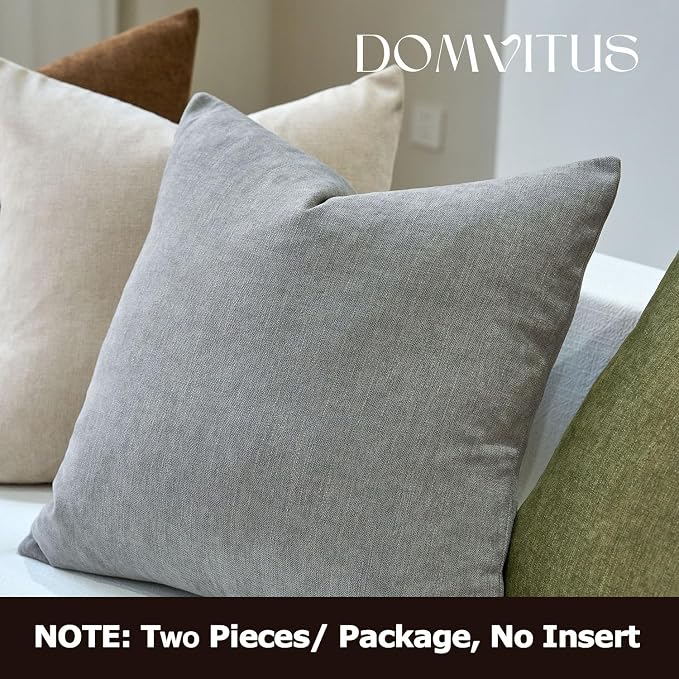 DOMVITUS Throw Pillow Covers 20x20 Pack of 2, Decorative Soft Soild Textured Accent Cushion Case, Neutral Boho Farmhouse Linen Pillow Covers for Couch Sofa Bedroom Living Room Home Decor, Light Grey