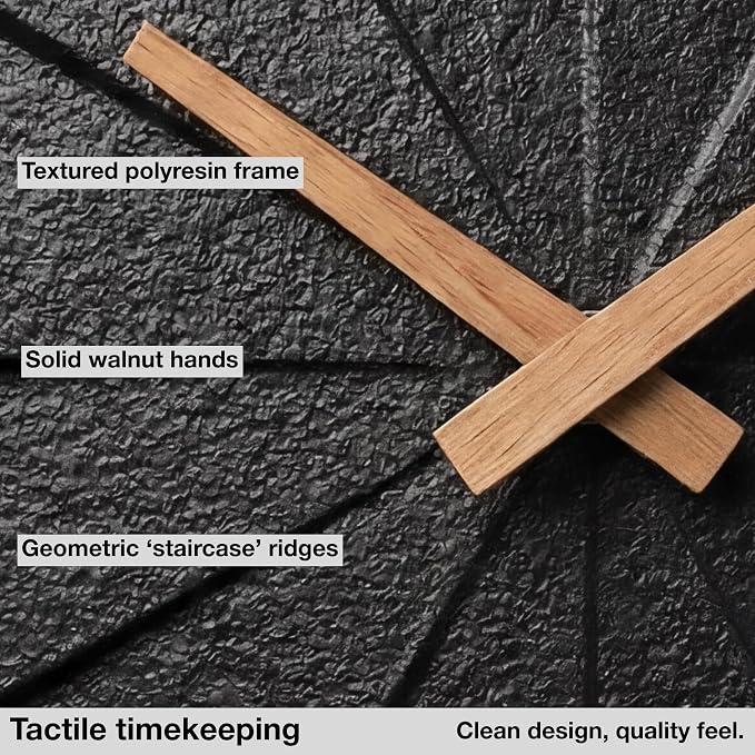 Driini Modern Wall Clock with No Numbers and Wooden Hands. Black,12.5 Inch | Silent battery operated quartz; frameless oversized polyresin face; decorative minimalist style for a living room or office.