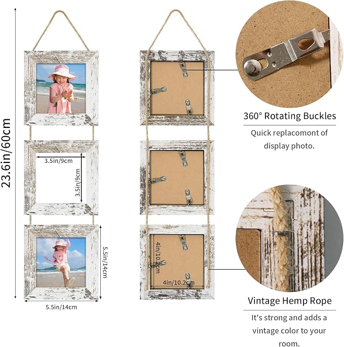 4x4 Collage Picture Frames Set of 2, Rustic Wooden Real Glass Vertical Hanging 3 Opening 4 by 4 Photo Frame, Distressed White