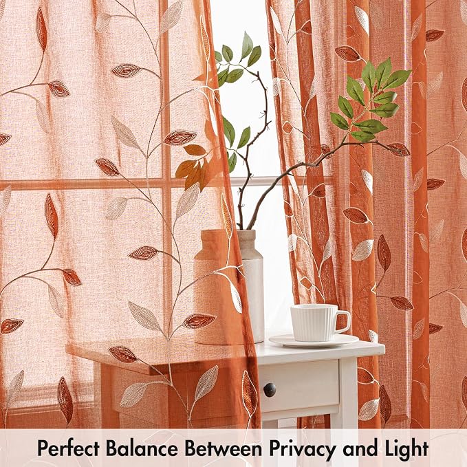 MIULEE Terracotta Sheer Fall Leaf Curtains Burnt Orange 2 Panels 52"x96" | Embroidered Floral Semi Sheer,Rod Pocket,Faux Linen,Short Window Curtains Drapes Set for Kitchen/Bathroom/Cafe