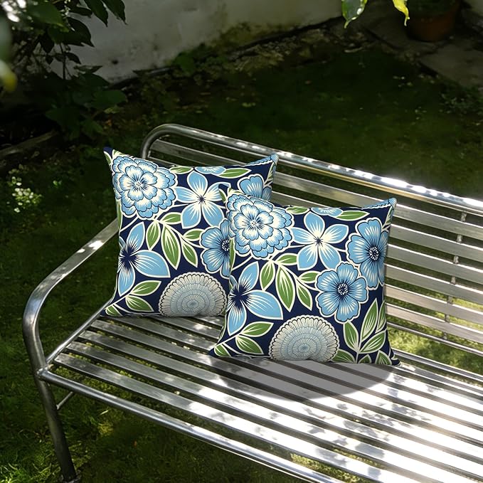 Outdoor Throw Pillow Covers 18x18 Inch, Decorative Pillow Covers for Patio Furniture, Azure Botanical Symphony Modern Cushion Cases for Garden Couch Home Sofa, Pack of 2