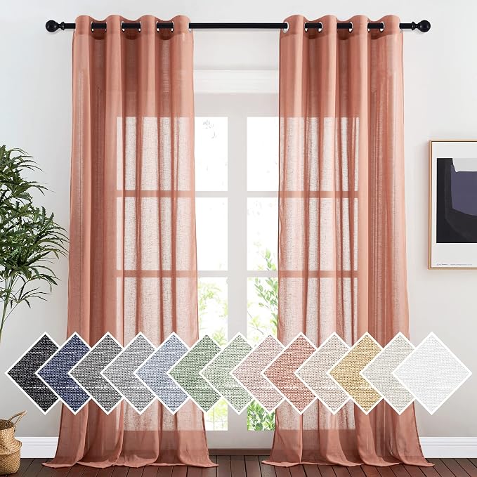 NICETOWN Linen Semi Sheer Curtains, Grommet Top Rustic Farmhouse Linen Curtains & Drapes Privacy with Light Through Drapes for Bedroom/Home Office, Terracotta=Burnt Orange, W52 x L96, 1 Pair