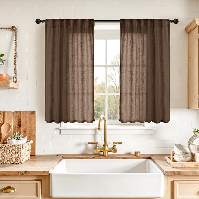 YoungsTex Brown Linen Curtains 45 Inches Long - Small Semi Sheer Drapes with Rod Pocket Back Tab Rustic Natural for Bathroom Kitchen Windows Over Sink, 2 Panels, 34 X 45 Inch