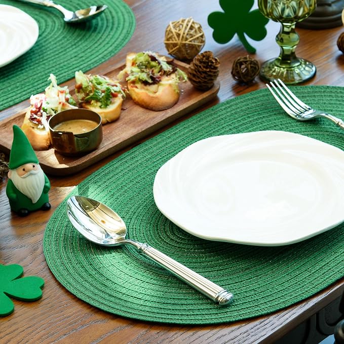 Placemats Set of 8, Woven Oval Braided Dining Table Mats(Green Shine) | 12 x 17.5 Inch Size Fits Plates and Flatware; Hand Washable and Heat Resistant for Kitchen Use, with Farmhouse and Boho Style