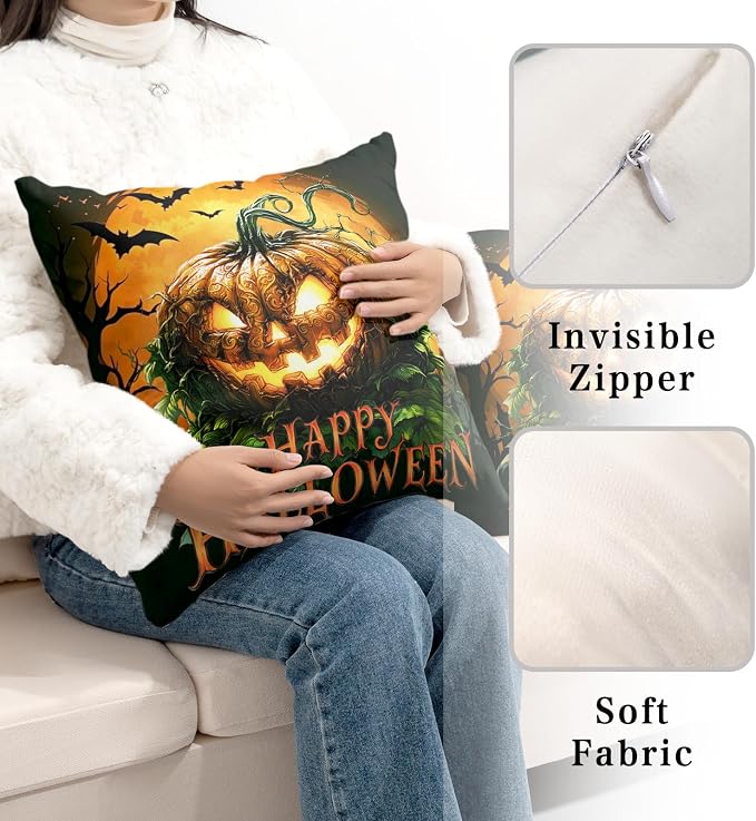 Halloween Throw Pillow Covers Scary Pumpkin Pillow Covers 22x22 Set of 2 Full Moon Bat Pillow Cases Jack-O'-Lantern Cushion Cases for Home Farmhouse Bedroom Living Room Sofa Couch