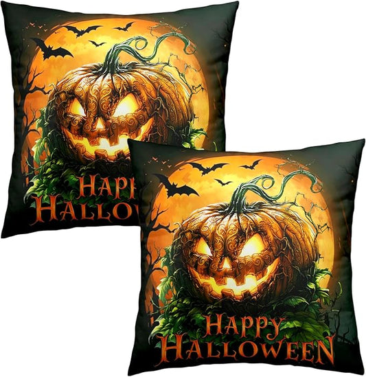 Happy Halloween Pillow Covers Spooky Pumpkin Throw Pillow Covers 18x18 Set of 2 Jack-O'-Lantern Outdoor Pillow Cases Full Moon Bat Cushion Cases for Sofa Couch Patio Porch Garden