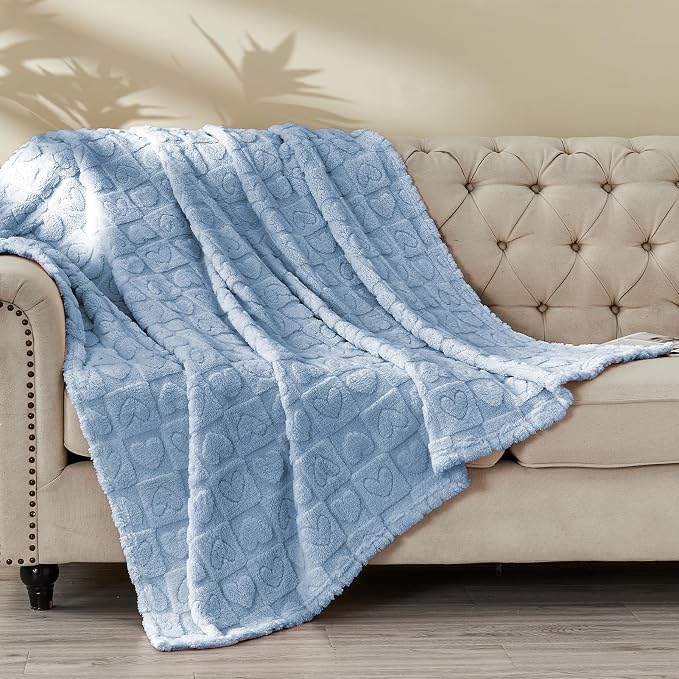 FY FIBER HOUSE Knitted Throw Blankets with Heart Checkered,Soft Warm Blankets for Lover Mom Father Friends Gifts,Lightweight Fuzzy Blanket for Couch Sofa Bed All Season(Light Blue,90"x108")