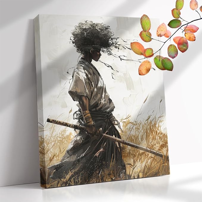 16"x20" African Samurai Canvas – Enigmatic Abstract Warrior Wall Art | Mystic African warrior dons kabuto beneath swirling abstracts. Afrofuturism meets bushido. Hook included, ready to hang.