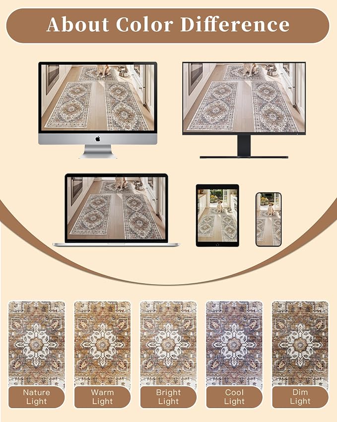 Madane Washable Kitchen Rug Set of 3 Small Area Rugs Non-Slip Turmeric/Grey | Vintage Hallway Entryway Door Mat Indoor Entrance Low Pile Floor Carpet Runner for Inside Front Entry Laundry 2x3+2x4+2x5
