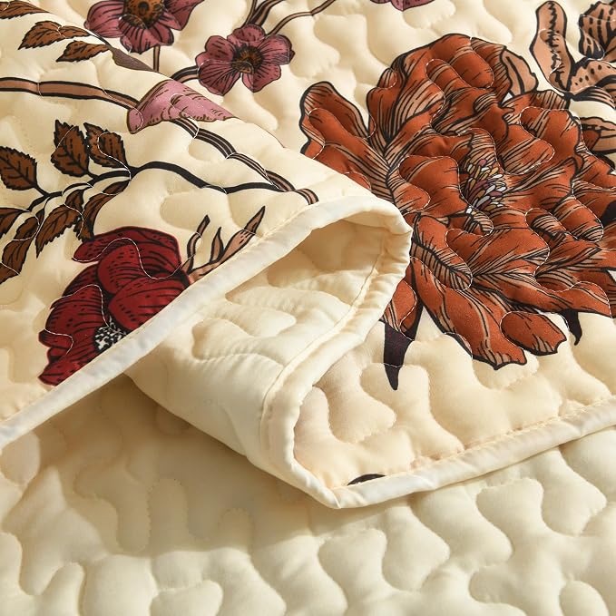 Litanika Floral Beige Quilt King - 3Pcs Botanical Birds Pattern Bed Set | Bedspread Summer Lightweight Soft Coverlet with Orange Flower for All Seasons(106"x96")