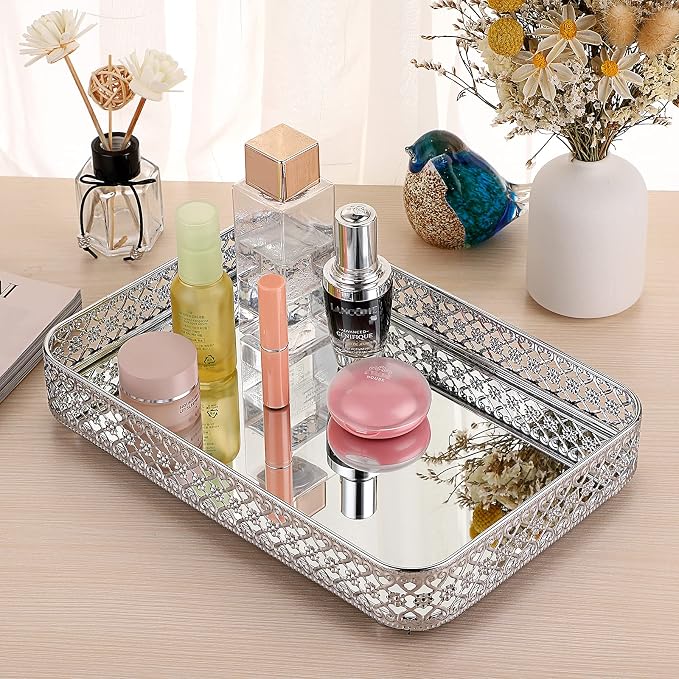 ELLDOO Silver Mirror Glass Perfume & Makeup Vanity Tray, Medium Size