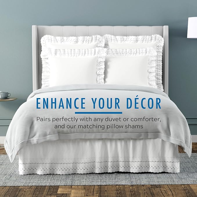 Fresh Ideas Eyelet Bed Skirt, Ruffled Design, 14 Inch Drop, Embroidered Scalloped Edge, Full, White