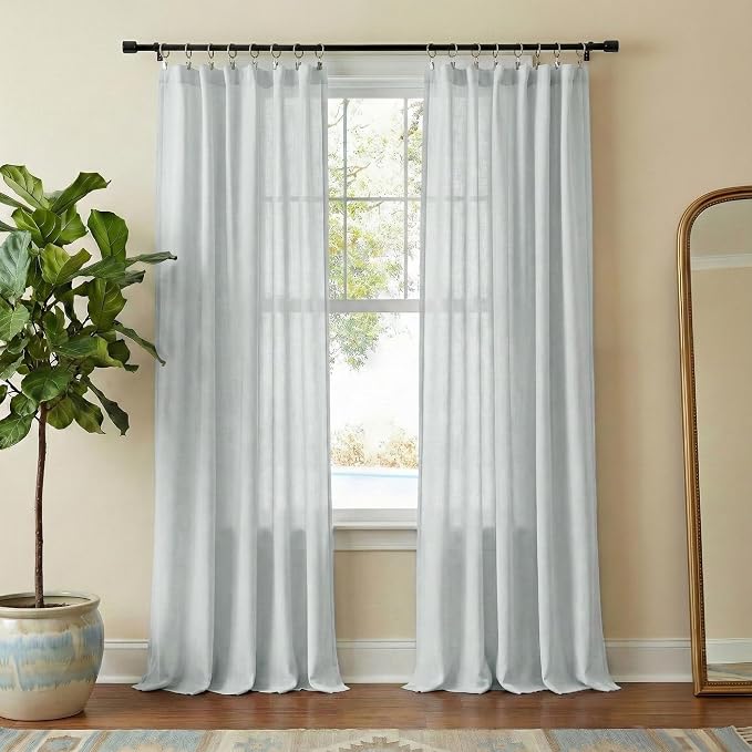 NICETOWN Linen Blend Light Cyan Curtains 96 inches Long, Rod Pocket & Back Tab Light Filtering Semi Sheer Window Treatments Privacy Added Drapes for Living Room, W55 x L96, 2 Panels