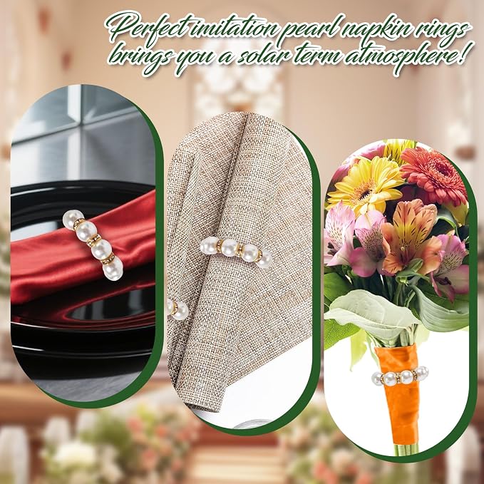 200 Pcs Pearl Napkin Rings, Exquisite Gold Napkin Rings Bulk, Suitable for Table Decorations for Weddings, Family Parties, Engagements, Christmas, and Other Occasions