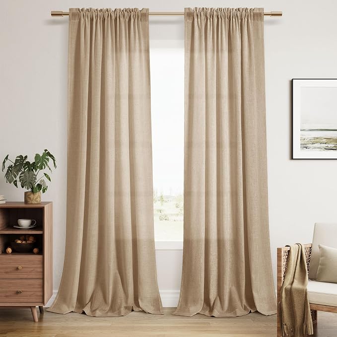 Sand Beige Linen Curtains 120 Inches Long Rod Pocket Semi Sheer Dining Room Cozy Bedroom Decor Cotton Look Country Rustic Farmhouse Boho Curtains 2 Panel Set,52x120