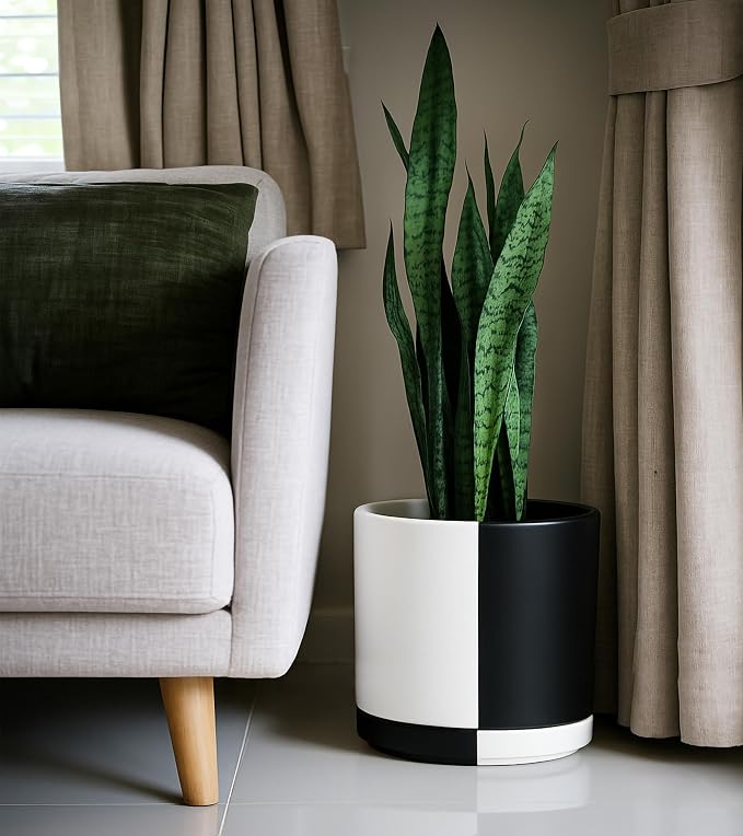 D'vine Dev 12 Inch Ceramic Planter Pot, Black White Split, 94-O-F-0 | Modern Cylinder Design, Drainage Hole & Saucer Included, Stable Structure, Elegant Home Accent