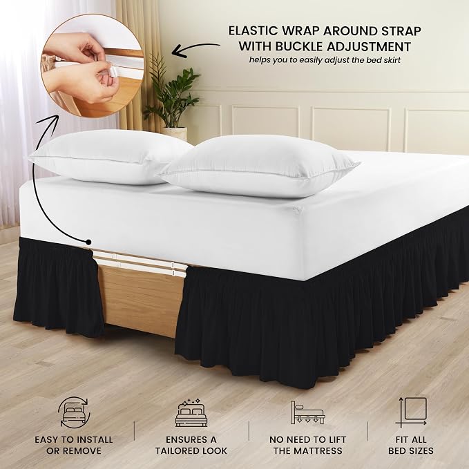 Wrap Around Full Bed Skirt, Easy Fit Elastic Belt, 16 Inch Drop, Grey | No Mattress Lifting, Stay-Put Design, Adjustable Buckle & Elastic Belt, Wrinkle & Fade Resistant, Brushed Microfiber