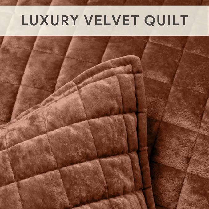 RECYCO Channel Box Stitch Velvet Quilt Set, King Size, Terracotta | Ultra Soft Lightweight Velvet Comforter, Luxury Oversized Bedspread Coverlet, Quilted Bedding Set for All Season with 2 Shams